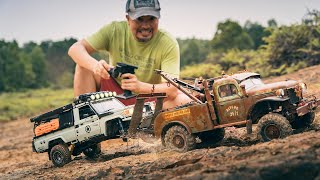 Rc Crawler Rescue Two Campers Trx4 Dodge Tow Truck  Two Killerbody Lc70 Canopy 4x4 Rc Cars [upl. by Aline]