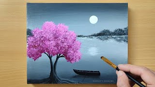 Black amp White Landscape Painting for Beginners  Cherry Blossom  Acrylic Painting Technique [upl. by O'Connell]