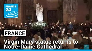 Virgin Mary statue a symbol of resilience returns to NotreDame Cathedral 5 years after fire [upl. by Filippa]