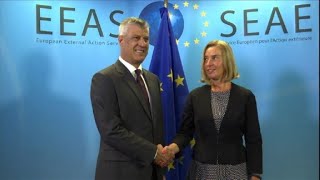 EUs Mogherini meets with Serbias Vucic and Kosovos Thaci [upl. by Etnasa]