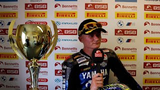 2024 Bennetts British Superbike R7 Thruxton Race 3 podium reactions [upl. by Sollie]