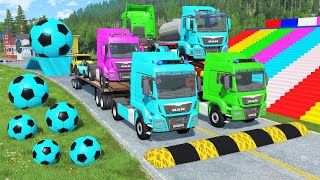 Double Flatbed Trailer Truck vs Speedbumps Train vs Cars  Tractor vs Train BeamngDrive 0195 [upl. by Araek296]