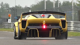 Ferrari FXX K Evo amp 599XX Accelerating in HEAVY RAIN Downshifts amp Exhaust Sounds [upl. by Kooima]