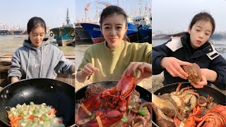 The female fishermen eat lobster king crab conch scallop and red devil shrimp todayyummy [upl. by Sokram957]