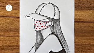 Girl with love mask drawing  How to draw a girl wearing a hat  Pencil sketch for beginners [upl. by Saltzman639]