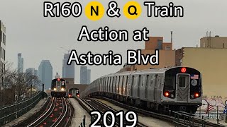 MTA NYCT  R160 N amp Q Train Action at Astoria Blvd 2019 [upl. by Valsimot]