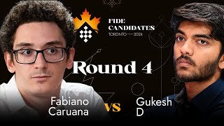 Round 4  Fabiano Caruana  Gukesh D  FIDE Candidates 2024 [upl. by Dnalyaw140]