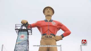 Tulsas Golden Driller Wears Red Jacket To Celebrate Partnership Between Nonprofit And TPS [upl. by Dehnel]