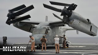 The US Marines MV22 Osprey Take Off and Vertical Landing in Carrier [upl. by Ardeth996]