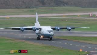 CAVOK AIR ANTONOV AN12BP URCBG ARRIVING AT BIRMINGHAM AIRPORT 031124 [upl. by Kellen630]