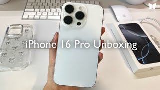 🤍 iPhone 16 Pro white aesthetic unboxing  accessories [upl. by Colburn424]