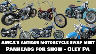 Harley Davidson Panheads for SHOW at the 2024 Oley PA AMCA Antique Motorcycle Swap Meet Classic bike [upl. by Atiekram]