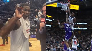 Anthony Edwards hilarious reaction to his insane poster dunk on John Collins 😂 [upl. by Binny]