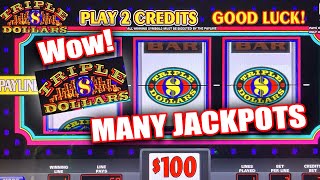 MASSIVE JACKPOT HITS ON TRIPLE DOLLARS SLOT MACHINE IN THE HIGH LIMIT ROOM [upl. by Yerhcaz877]