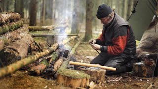 Winter Bushcraft fire blower spruce glue and hammocking in a spruce forest [upl. by Annayat931]