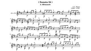 Silvius Leopold Weiss  Allemande  Sonata No 34 in D Minor  Score Video [upl. by Aneerehs]