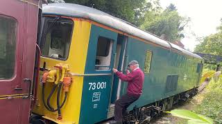 Train at ECCLESBOURNE VALLEY RAILWAY Duffield Ex southern region 73001 couple up and departure pt2 [upl. by Otrebcire]