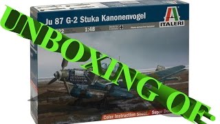 Unboxing of Italeri Stuka Ju87G Kanonenvogel 2722 Tamiya rebox [upl. by Elleret440]