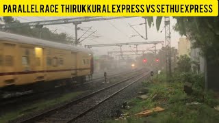 Parallel Race  Late Running 12642 Thirukkural Express Vs 22661 Sethu Express  Under Heavy Shower [upl. by Laban]