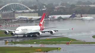 HEAVY RAIN amp BIG WATER SPRAY  Plane Spotting  Sydney Airport A380 A330 A350 747  Live Highlights [upl. by Ailekat168]