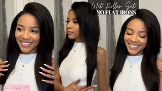 NO FLAT IRON🚫 STRAIGHT HAIR ROUTINE  HOW TO ROLLER SET CURLY HAIR  CURLY TO STRAIGHT HAIR ROUTINE [upl. by Yanttirb]