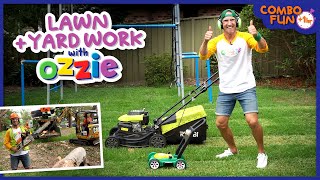 Lawn Mowing amp Yard Work Fun Combo For Kids  Lawn Mowers Hedger Edger Blower Chainsaw With Ozzie [upl. by Yuu]