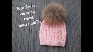 TUTO BONNET POINT COEUR AU TRICOT Heart beanie hat knitting GORRO PUNTO CORAZON DOS AGUJAS [upl. by Sirk]