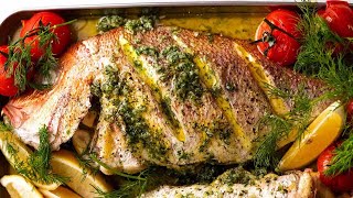 Whole Baked Fish  Herb Stuffed with Garlic Butter Dill Sauce [upl. by Bowe]