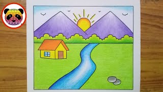 Scenery Drawing  Simple Landscape Scenery Drawing  How to Draw Beautiful Landscape Scenery [upl. by Aikram]