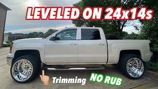 CRAZY CUSTOMER REACTION to Leveled Silverado on 24x14s MAJOR CUTTING [upl. by Ehcrop]