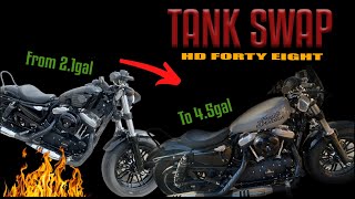 Harley Davidson forty eight 48 2016 tank swap 21 to 45 gallon [upl. by Mcgray610]