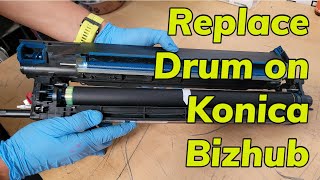 How to replace the Drum and Blade on Konica Bizhub C754e konicaminolta copier [upl. by Dadivitan]