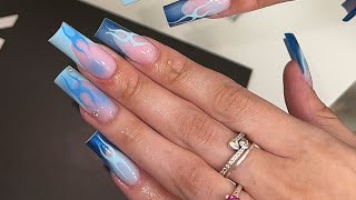 Blue Chrome French Nails w Airbrush  Watch Me Work  Chrome Nails  Airbrush Nails [upl. by Leirbma]