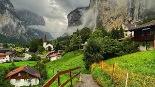 Lauterbrunnen Switzerland  Rainy walk in the most beautiful Swiss village  Fairytale village [upl. by Ji598]