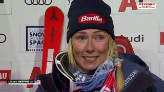 Mikaela Shiffrin 🇺🇸  Flachau women slalom Jan 16 2024 both runs  post race interview sheskis [upl. by Naahs95]