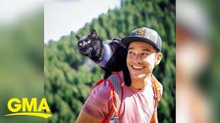 Adorable backpacking kitty loves adventuring with his dad l GMA [upl. by Chrissie]