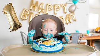 OUR BABY IS ONE  HAPPY BIRTHDAY COHEN FIRST BIRTHDAY PARTY CAKE SMASH [upl. by Cynthie58]