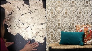 How to Stencil a Gold Leaf Damask Design Accent Wall for Boho Chic DIY Decorating [upl. by Torie]