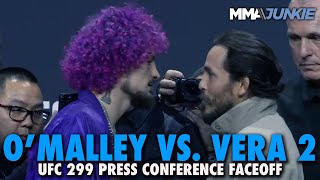 Sean OMalley Marlon Vera Exchange Words at UFC 299 Press Conference Faceoff [upl. by Elleinnod]