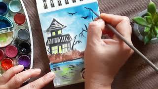 Halloween night hunted house painting  Watercolor landscape painting simple [upl. by Lovett]