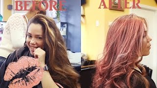 DARK TO ROSE GOLD HAIRHIGHLIGHTS PINK HIGHLIGHTS ON DARK HAIR VLOG [upl. by Bail]