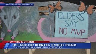 MVP protestors lock themselves to large wooden possum set up blockade in Roanoke County [upl. by Adabel203]