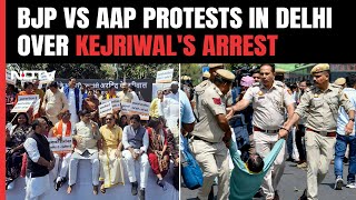 AAP Protest In Delhi Today  BJP vs AAP Protests In Delhi Over Arvind Kejriwals Arrest [upl. by Aeslehs]