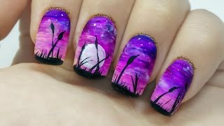 Easy Purple Landscape Freehand Nail Art [upl. by Oneill777]