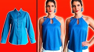 7 TRANSFORMAR CAMISA DE HOMBRE EN UNA BLUSA DE MUJER CON CUELLO HALTER Y ABERTURA  ByMariG [upl. by Fiertz]