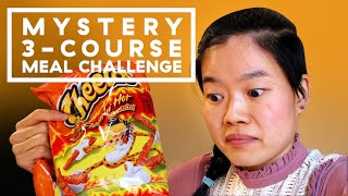 Mystery 3Course Meal Challenge Flamin Hot Cheetos Edition  Delish [upl. by Zehe898]