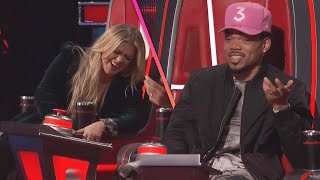 The Voice Kelly Clarkson Nearly FALLS Out of Her Chair After Chance the Rappers Joke [upl. by Carpio727]