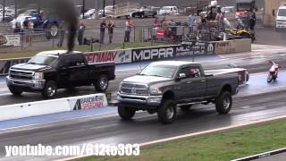 Huge Cummins Ram vs Built Duramax Diesel Drag Race [upl. by Ijnek]