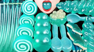 ASMR TEAL DESSERTS JELLO PINWHEELS POPPING BOBA UNICORN HORN JELLY NOOLDES EDIBLE SPOONS GUMMY [upl. by Wendalyn69]