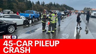 45 drivers crash in Kent I5 shuts down  FOX 13 Seattle [upl. by Kinnon140]